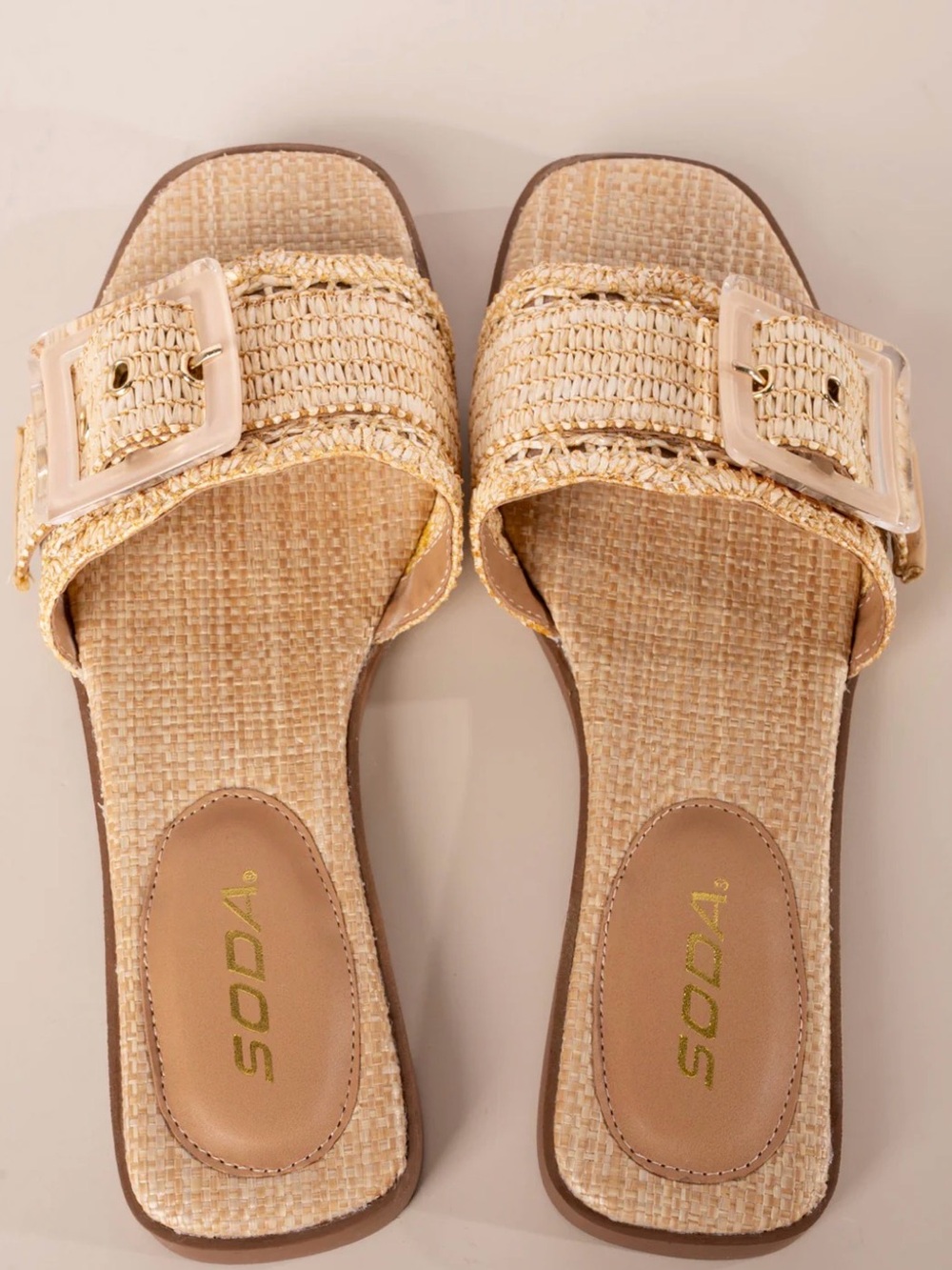 SODA Natural Raffia Slide Sandals with Statement Buckles